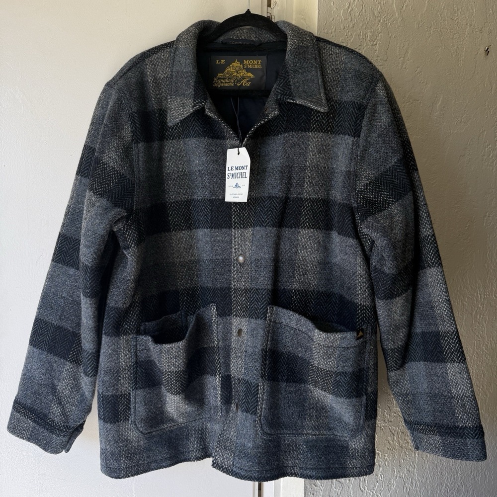 NWT‎ $498 Le Mont St Michel Vardin Patchwork Wool Chore Jacket Large Navy Plaid